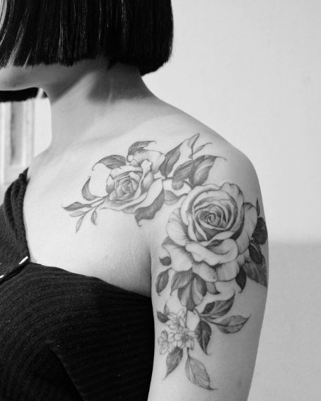 Black and Grey Floral Shoulder Tattoo