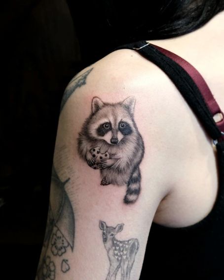 Black and Grey Raccoon Tattoo on Shoulder