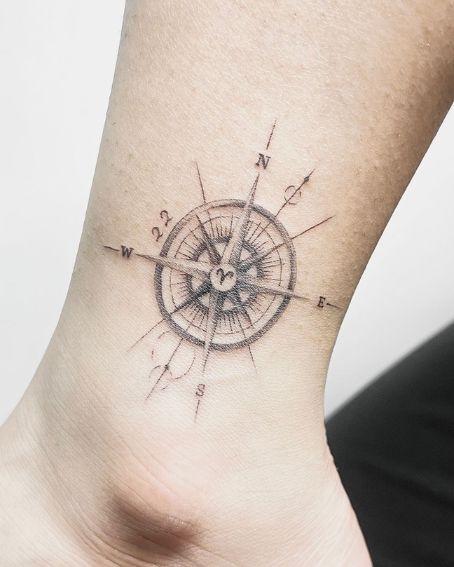 Black and White Compass Tattoo on Ankle