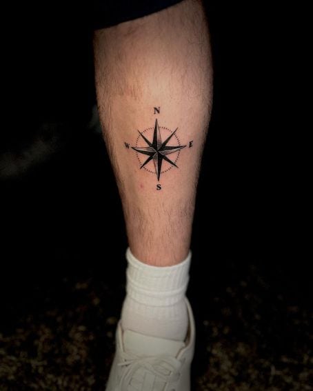 Black Compass Tattoo on Leg