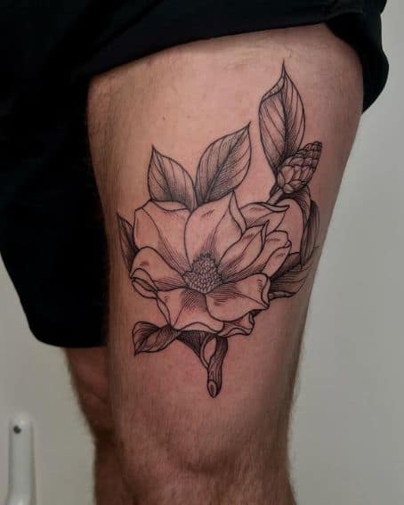 Black Linework Magnolia Thigh Tattoo