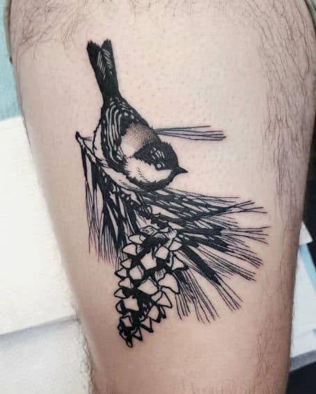 Black Pinecone and Chickadee Tattoo