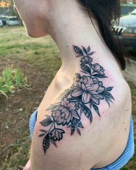 Black Work Floral Shoulder Tattoo Design