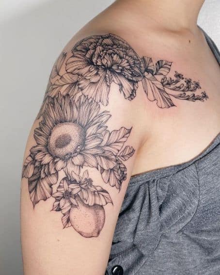 Black Work Floral Shoulder Tattoo
