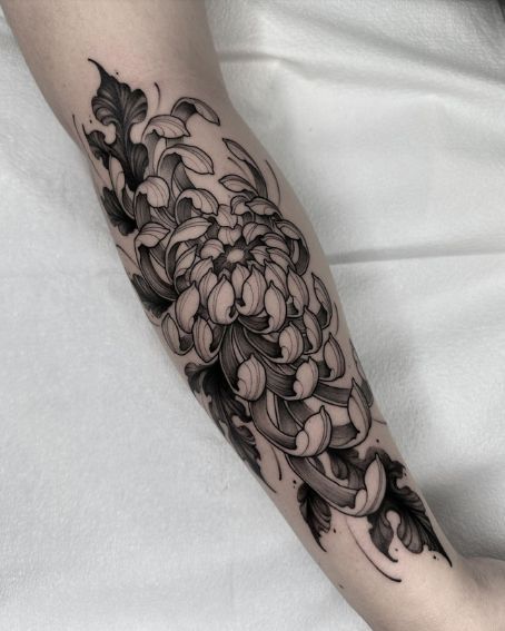 Blackwork Chrysanthemum Flower Tattoo on Arm