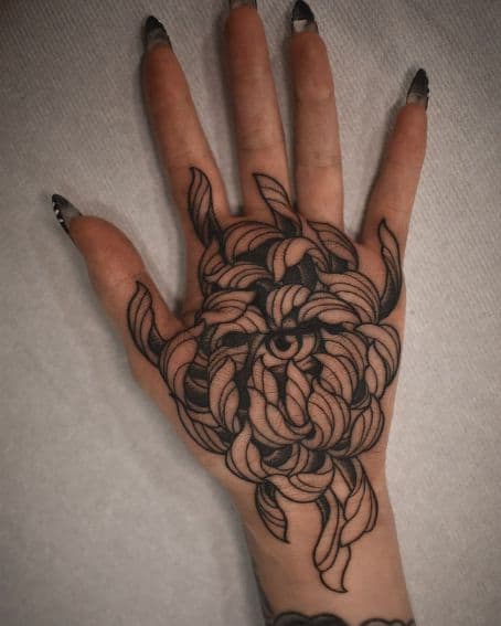 Blackwork Chrysanthemum Tattoo on Palm