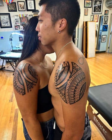 Blackwork Polynesian Tattoo Design for Couples
