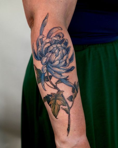 Blue Chrysanthemum Tattoo on Arm