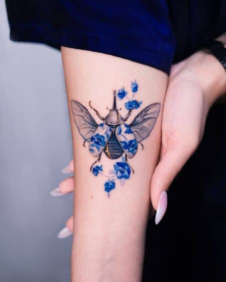 Blue Floral Beetle Tattoo Design
