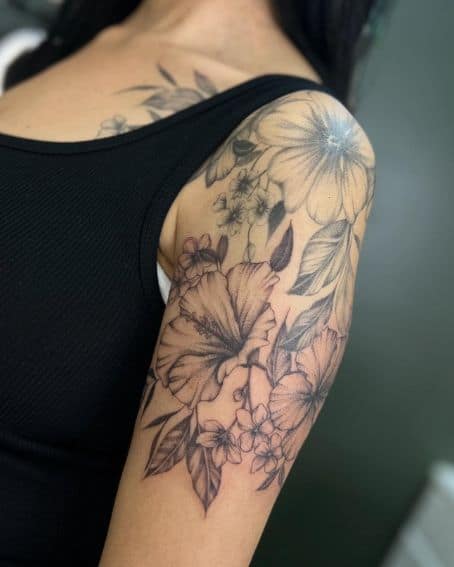 Bold Hibiscus Flower Shoulder Tattoo
