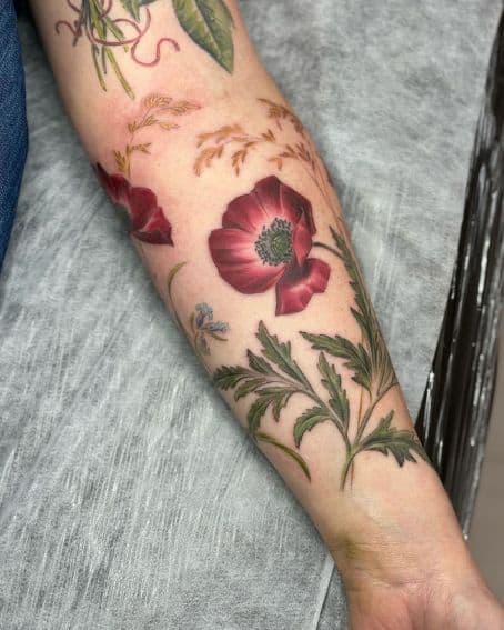 Botanical Floral Poppy Flower Tattoo on Arm