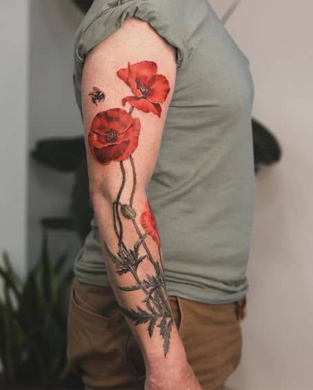 Bright Red Poppy Flower Tattoo Design on Arm