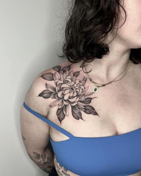 Broad Chrysanthemum Tattoo on Shoulder