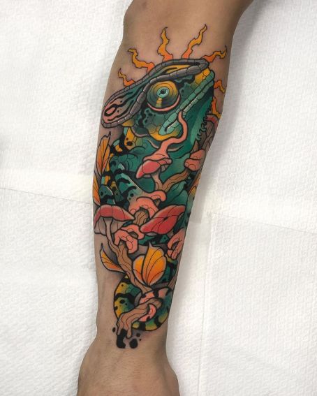 Burning Chameleon Tattoo Design
