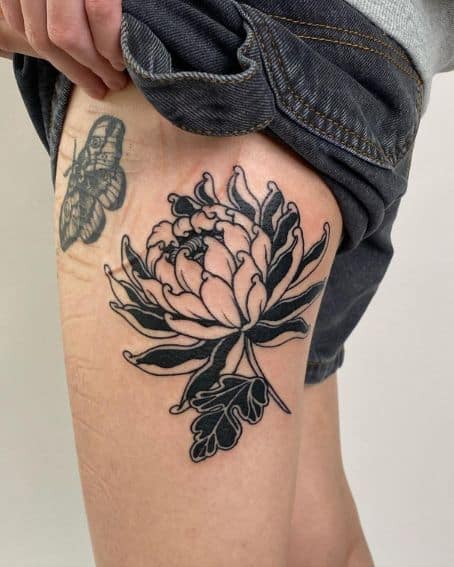 Butterfly and Chrysanthemum Tattoo on Thigh