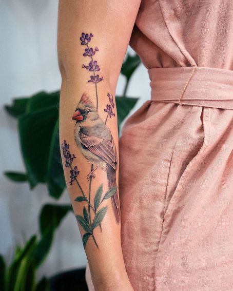 Cardinal and Lavender Tattoo on Arm