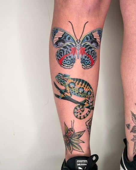 Chameleon Tattoo with Butterfly and Flies