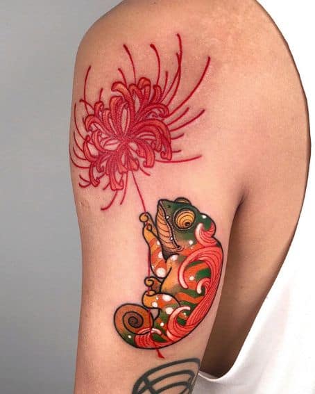 Chameleon with Spider Lily Tattoo