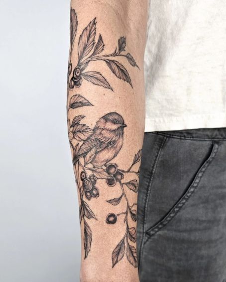 Chickadee and Blueberries Tattoo