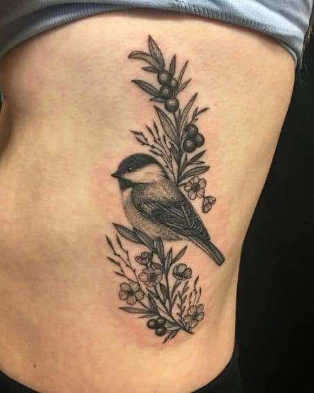 Chickadee and Botanicals Tattoo on Ribs