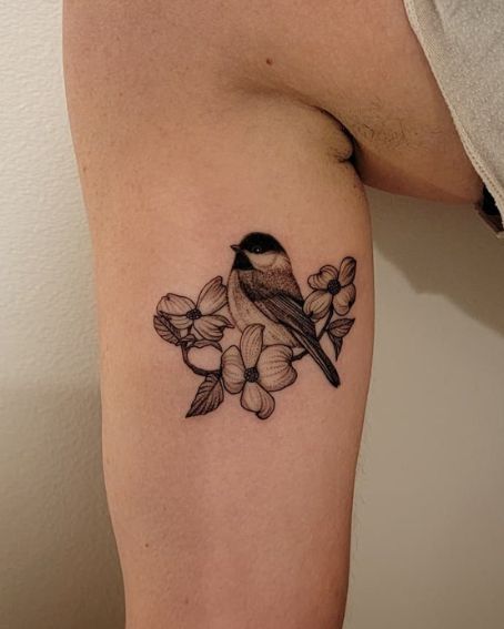 Chickadee and Dogwood Blossoms Tattoo