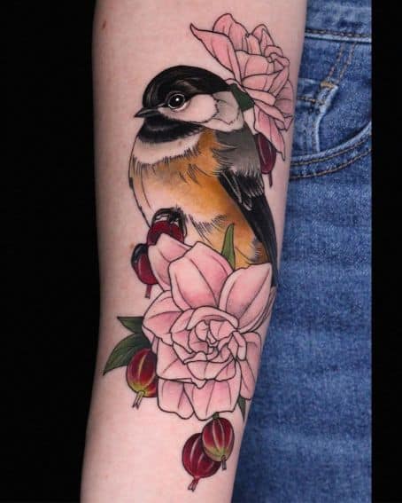 Chickadee, Gardenias and Goose Berries Tattoo