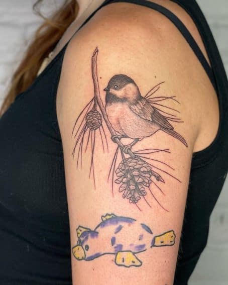 Chickadee Landed on Pine Cone Tree Tattoo