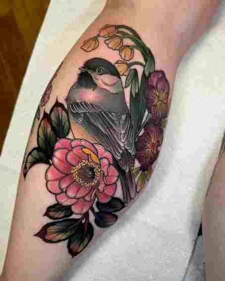 Chickadee Tattoo with Colorful Birds