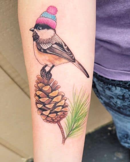 Chickadee with a Stocking Hat Tattoo