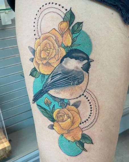 Chickadee with Yellow Roses Tattoo