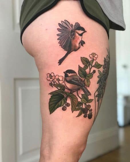 Chickadees and Blackberries with Some Bloody Blossoms Tattoo