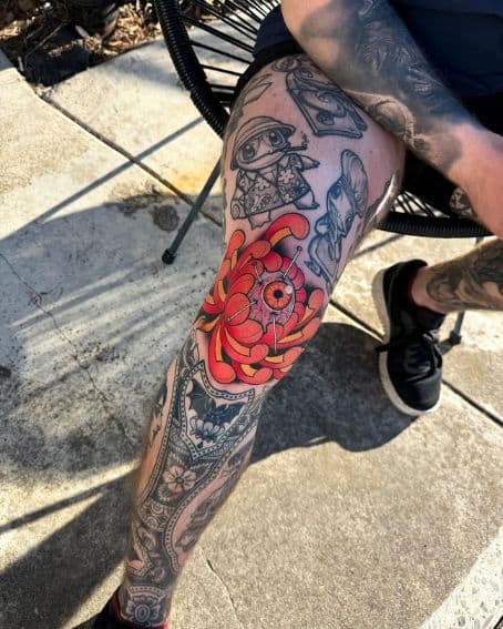 Chrysanthemum Eyeball Tattoo on Knee
