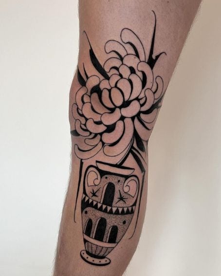 Chrysanthemum Flower Vase Tattoo on Knee