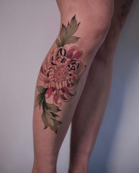 Colorful Chrysanthemum Flower Tattoo on Leg