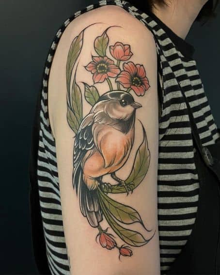 Colorful Floral Little Chickadee Tattoo