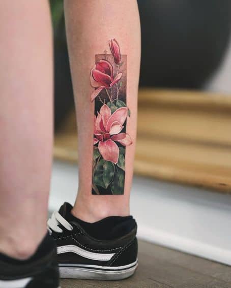 Colorful Magnolia Tattoo on Leg