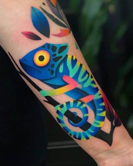 Colorful Neo Traditional Chameleon Tattoo
