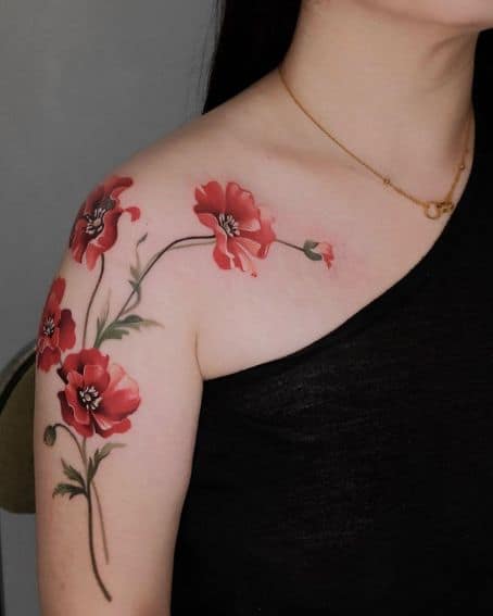 Colorful Poppy Flower Tattoo on Shoulder