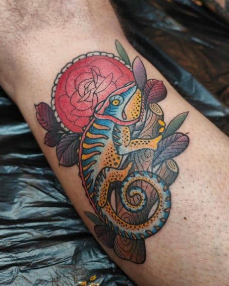 Colourful Chameleon Sitting on a Branch Tattoo