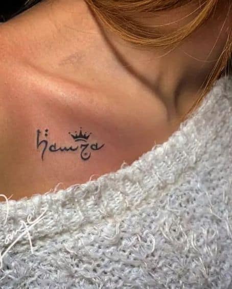 Crown with Name Tattoo on Collarbone