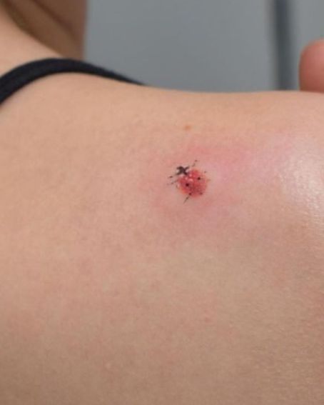 Cute Ladybug Tattoo on Back Shoulder