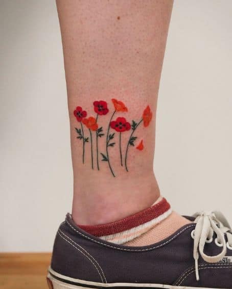 Cute Poppy Flowers Tattoo on Ankle