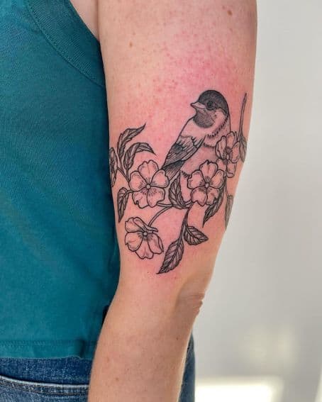 Cutie Chickadee Sitting on a Wild Rose Branch Tattoo