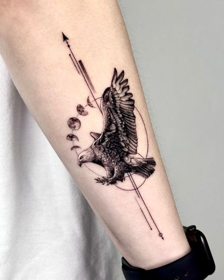 Dark Eagle Tattoo with Moon Phases Arrow
