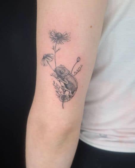 Delicate Chameleon Tattoo on Back Arm