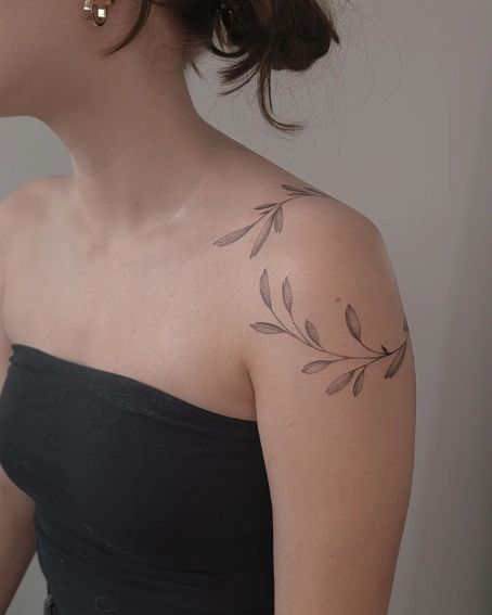 Delicate Olive Branch Tattoo on Shoulder