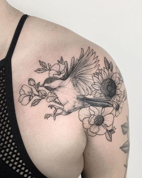 Dotwork Floral Chickadee Tattoo on Shoulder