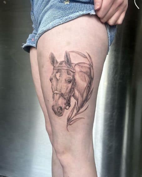 Dotwork Horse Tattoo on Thigh