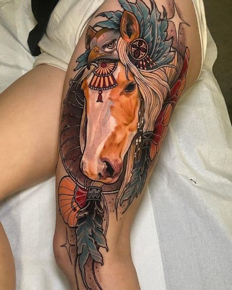 Dreamcatcher with Horse Tattoo on Thigh