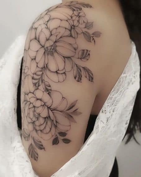 Fine Line Anemones Flower Shoulder Tattoo